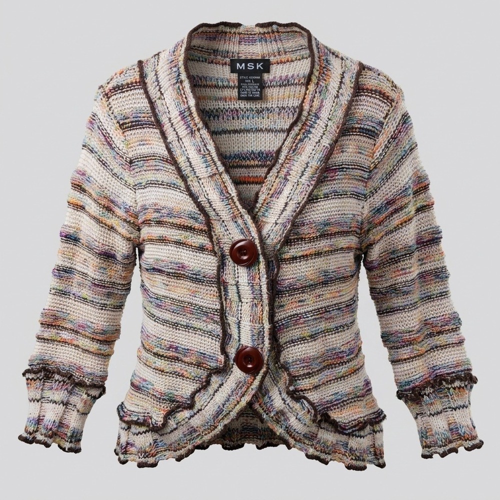 MSK Cardigan Womens Large Ruffle Trim Space Dye Multi Color Knit Button Up Y2K
